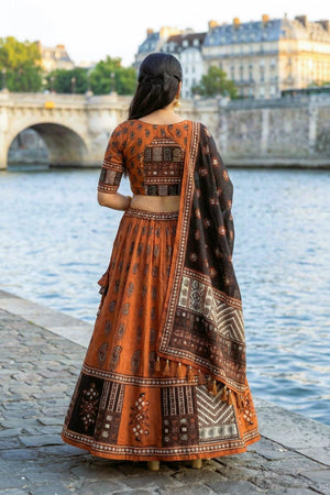 Rust Printed Cotton Blend Lehenga (ACA5779)