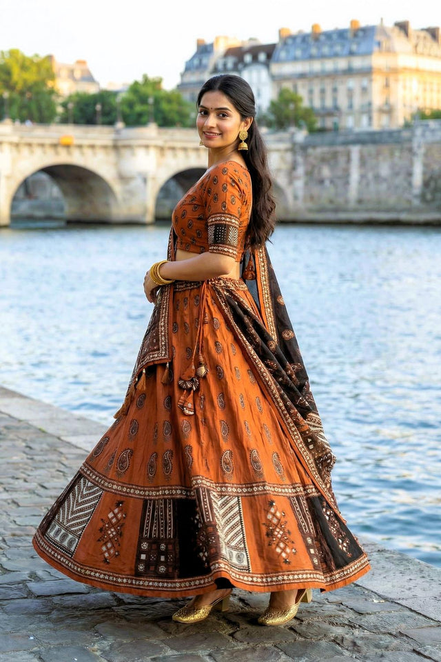 Rust Printed Cotton Blend Lehenga (ACA5779)