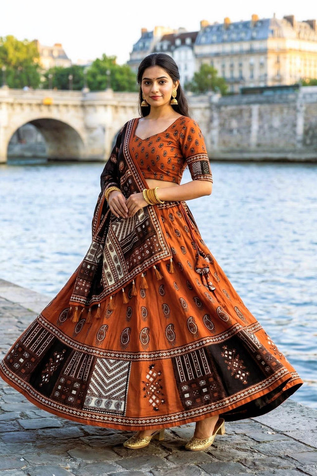 Rust Printed Cotton Blend Lehenga (ACA5779)