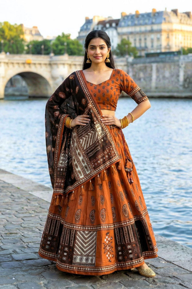 Rust Printed Cotton Blend Lehenga (ACA5779)