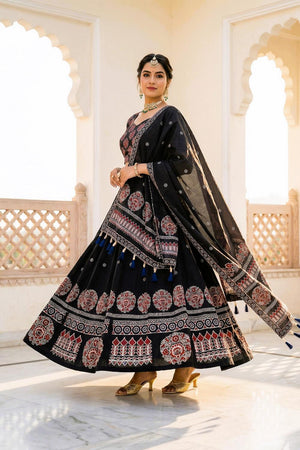 Black Printed Cotton Blend Lehenga (ACA5780)