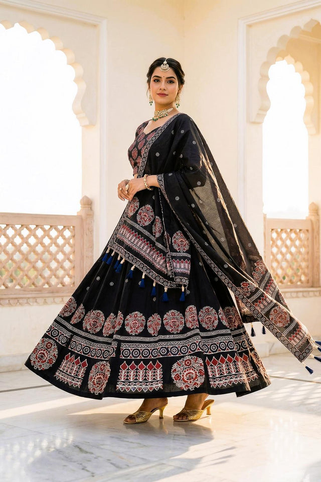 Black Printed Cotton Blend Lehenga (ACA5780)