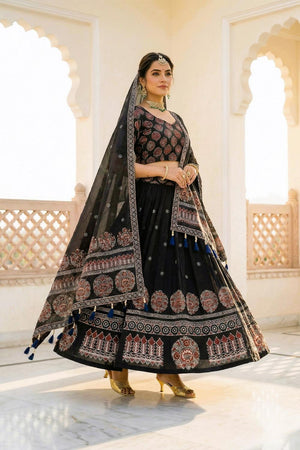 Black Printed Cotton Blend Lehenga (ACA5780)