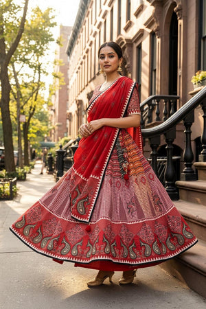 Red Printed Cotton Blend Lehenga (ACA5781)