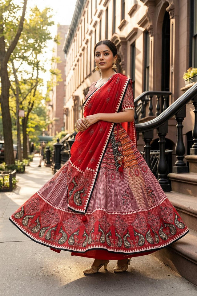 Red Printed Cotton Blend Lehenga (ACA5781)