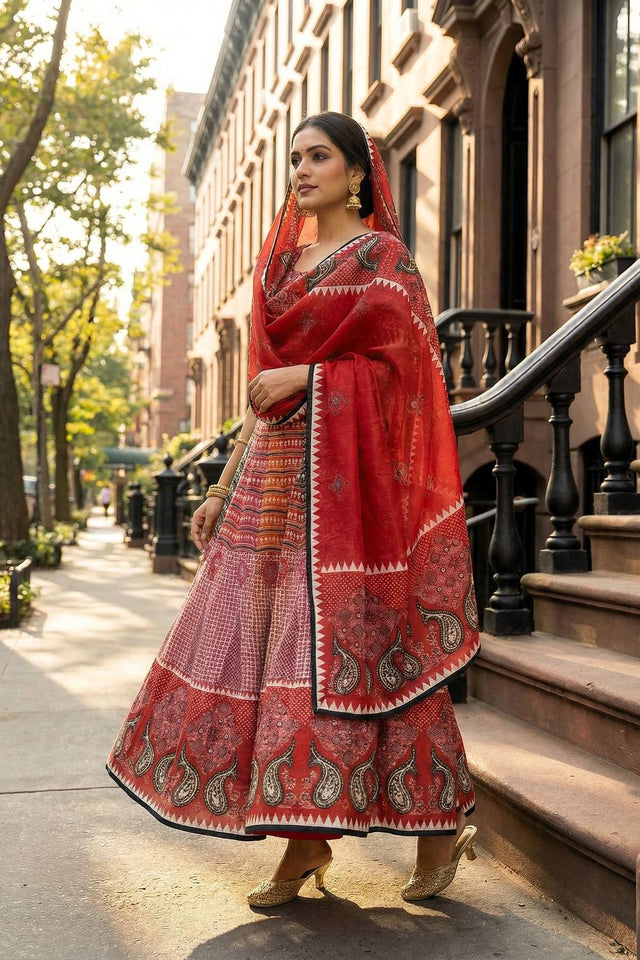 Red Printed Cotton Blend Lehenga (ACA5781)