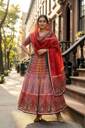 Red Printed Cotton Blend Lehenga (ACA5781)