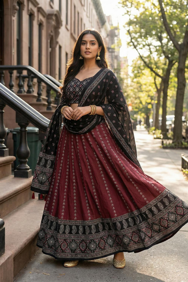 Maroon Printed Cotton Blend Lehenga (ACA5782)