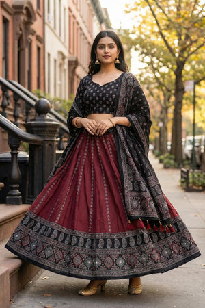 Maroon Printed Cotton Blend Lehenga (ACA5782)
