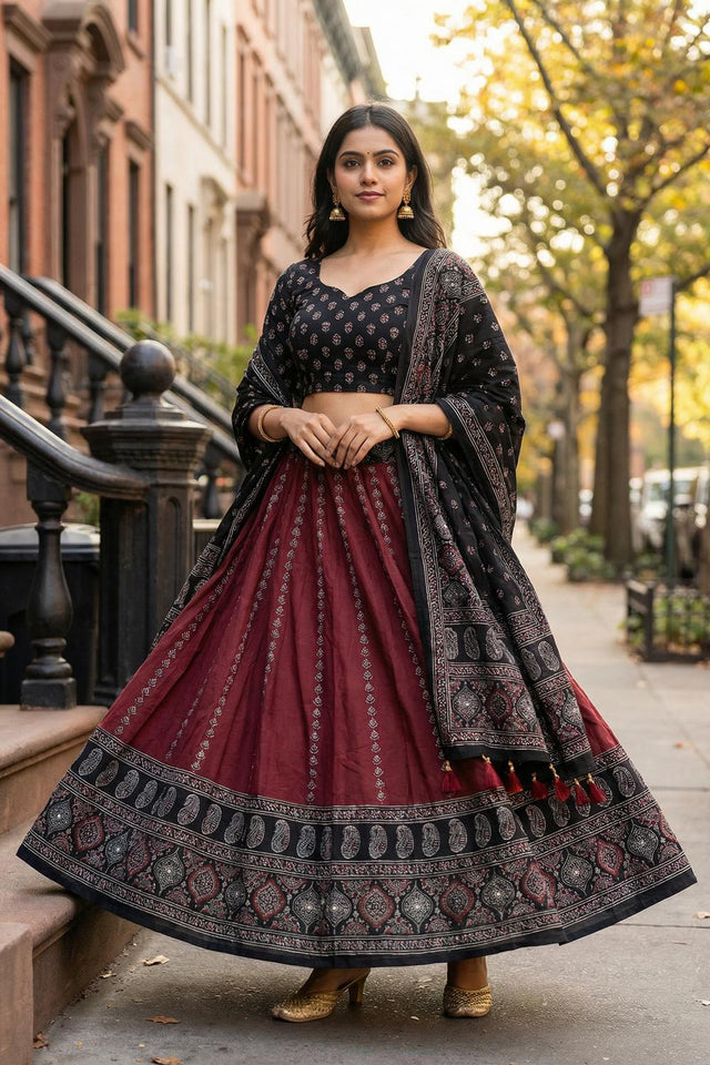 Maroon Printed Cotton Blend Lehenga (ACA5782)