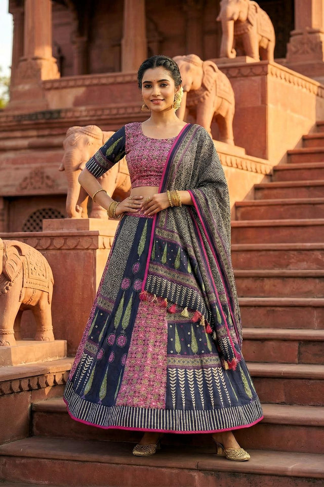 Blue Printed Cotton Blend Lehenga (ACA5783)