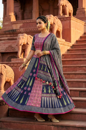 Blue Printed Cotton Blend Lehenga (ACA5783)