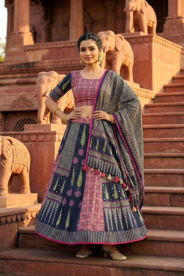 Blue Printed Cotton Blend Lehenga (ACA5783)