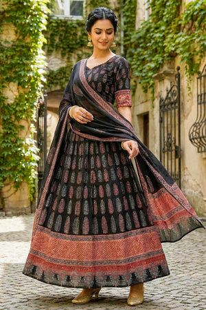Black Printed Cotton Blend Lehenga (ACA5784)