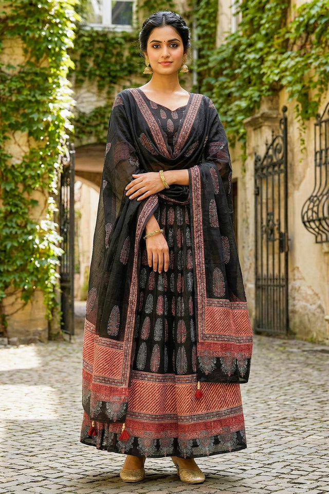 Black Printed Cotton Blend Lehenga (ACA5784)