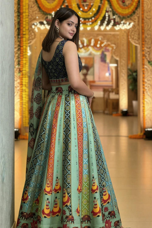 Green Printed Cotton Blend Lehenga (ACA5785)