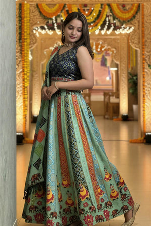 Green Printed Cotton Blend Lehenga (ACA5785)