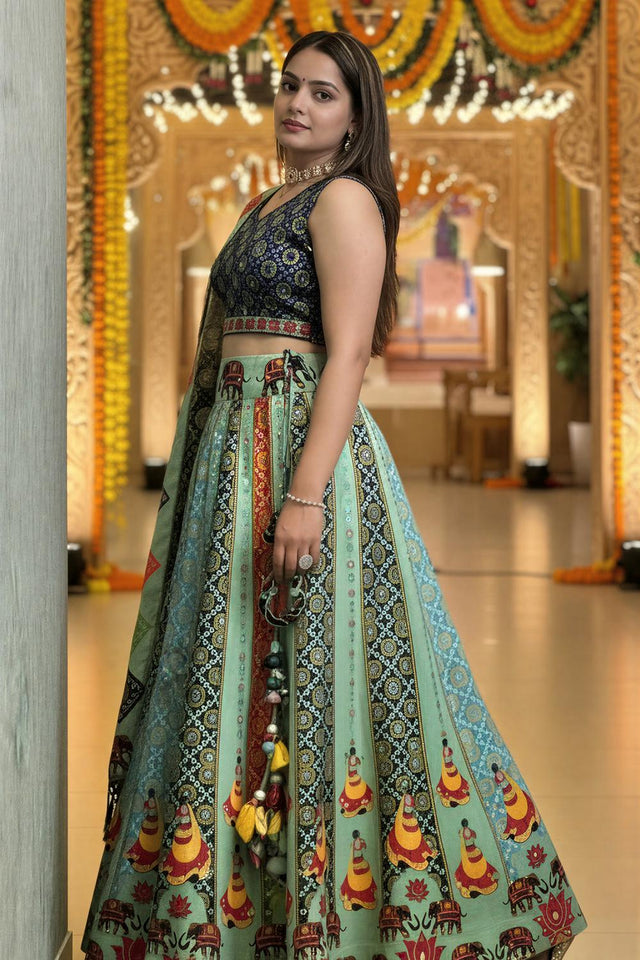 Green Printed Cotton Blend Lehenga (ACA5785)
