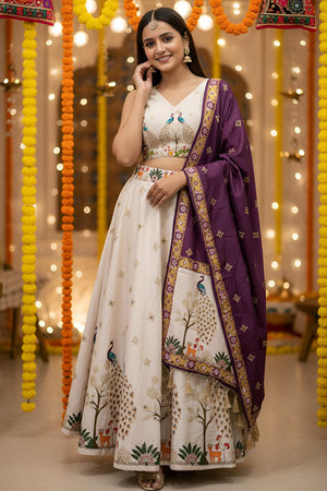 Off White Printed Cotton Blend Lehenga (ACA5788)