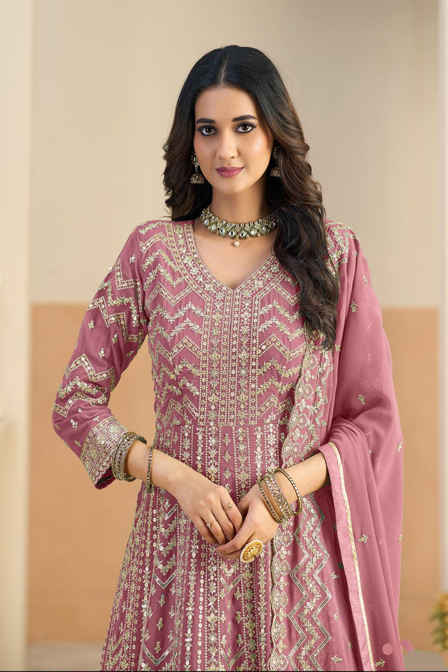 Pink Sequin with Embroidered Georgette Gown (ACA5794)
