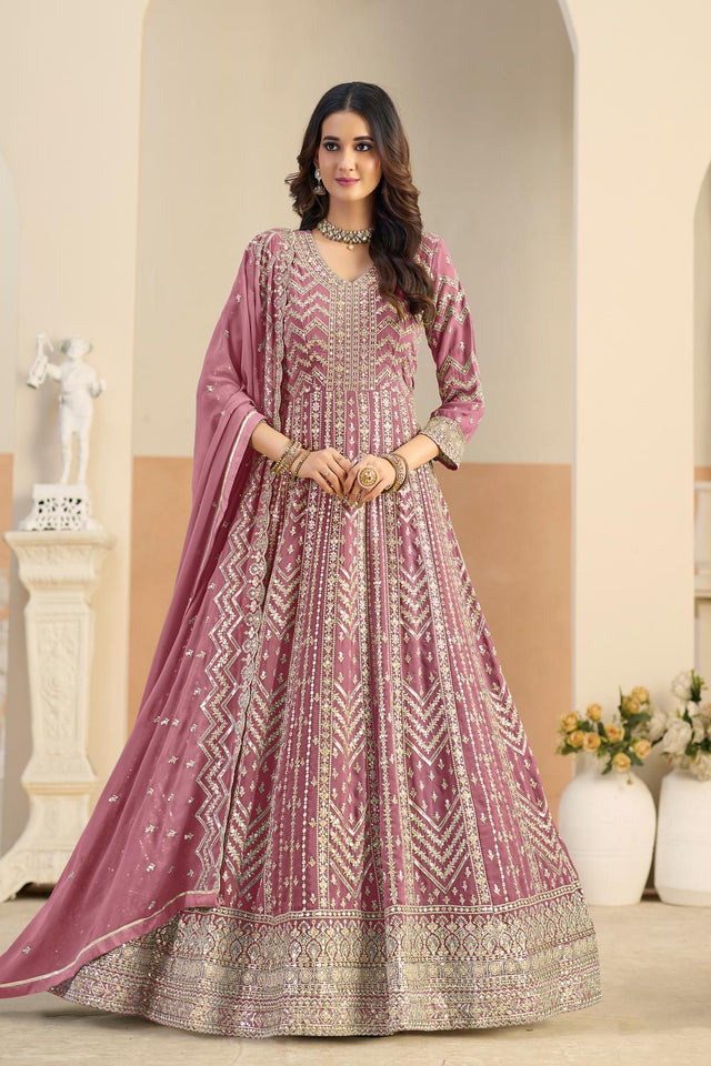Pink Sequin with Embroidered Georgette Gown (ACA5794)