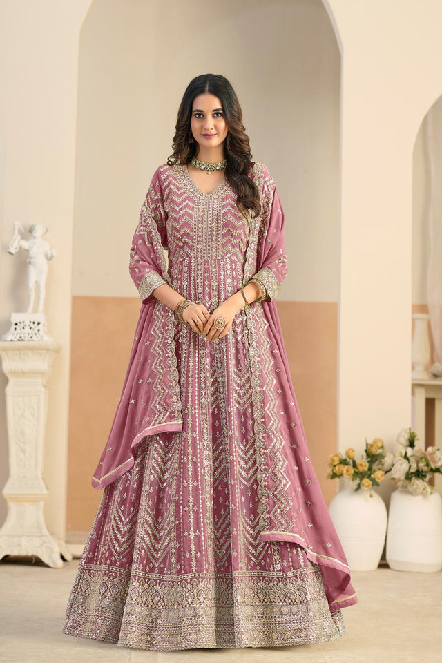 Pink Sequin with Embroidered Georgette Gown (ACA5794)