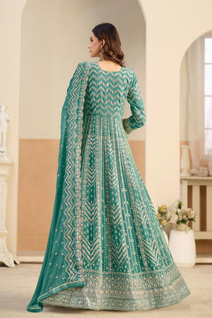 Turquoise Sequin with Embroidered Georgette Gown (ACA5796)