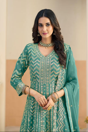 Turquoise Sequin with Embroidered Georgette Gown (ACA5796)