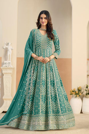 Turquoise Sequin with Embroidered Georgette Gown (ACA5796)
