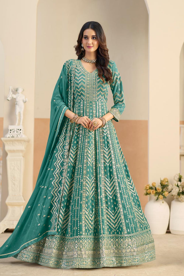 Turquoise Sequin with Embroidered Georgette Gown (ACA5796)