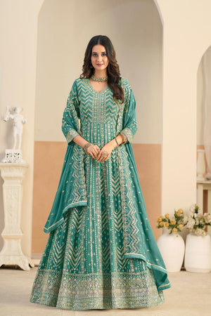 Turquoise Sequin with Embroidered Georgette Gown (ACA5796)