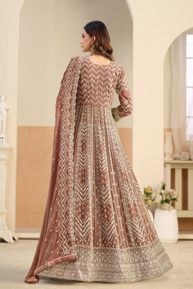 Rust Sequin with Embroidered Georgette Gown (ACA5797)