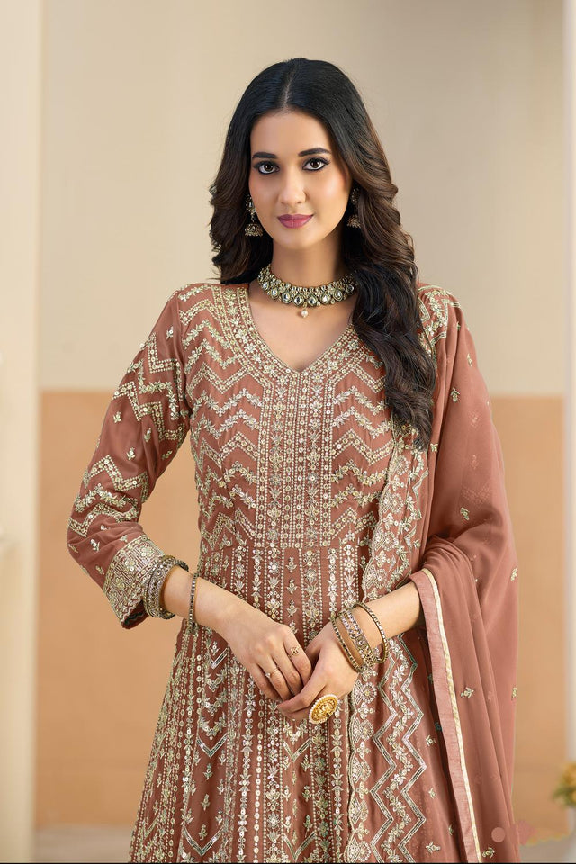 Rust Sequin with Embroidered Georgette Gown (ACA5797)