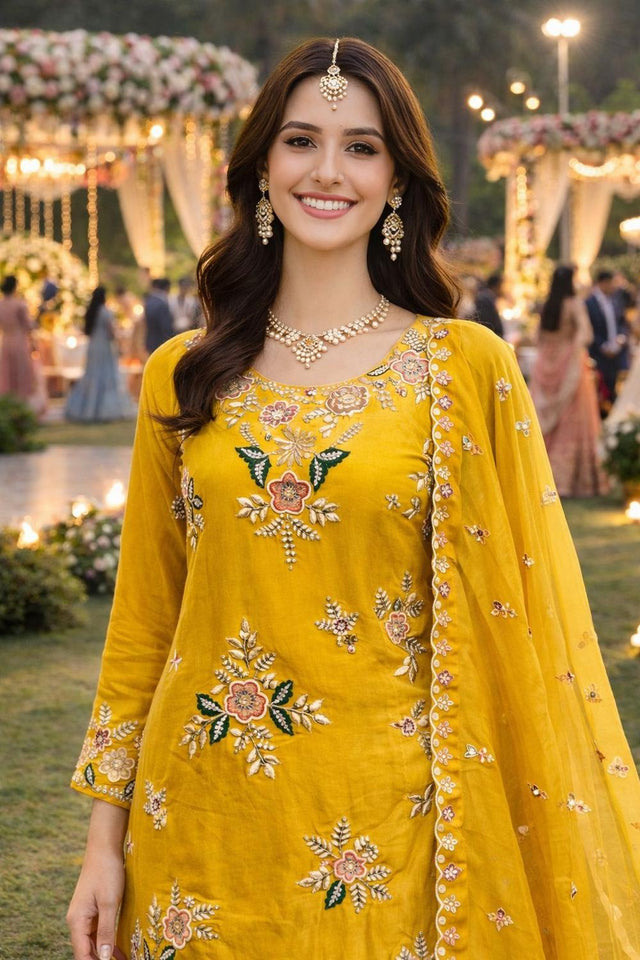 Mustard Floral Embroidered Crepe Sharara Suits (ACA5814)