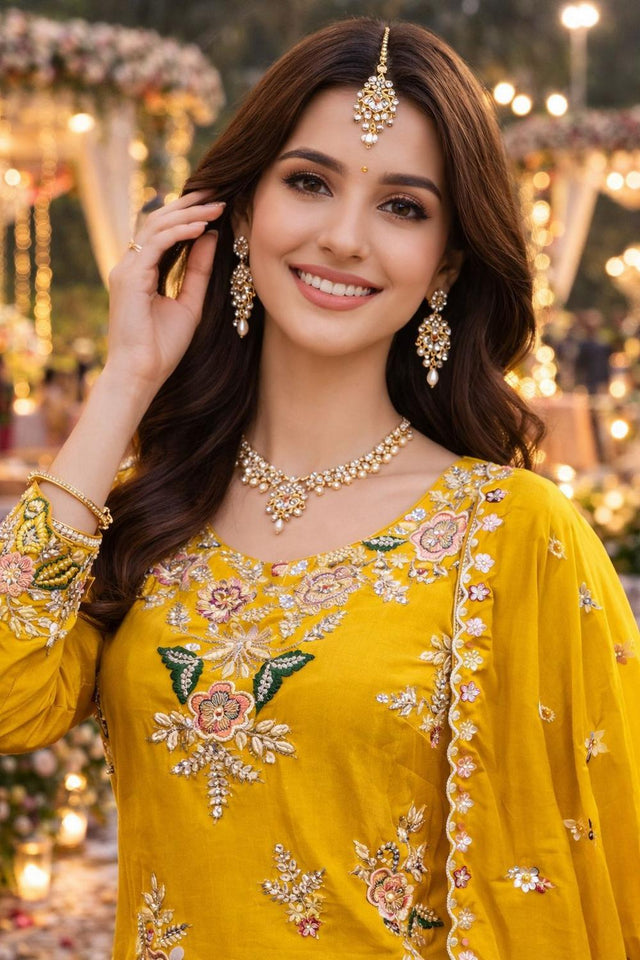 Mustard Floral Embroidered Crepe Sharara Suits (ACA5814)