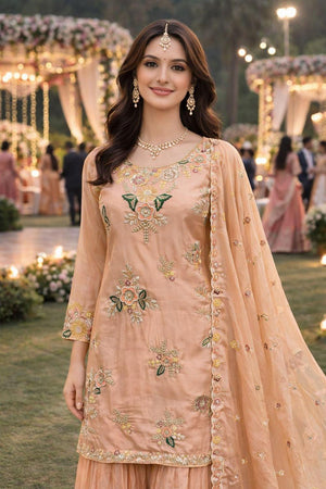Peach Floral Embroidered Crepe Sharara Suits (ACA5815)