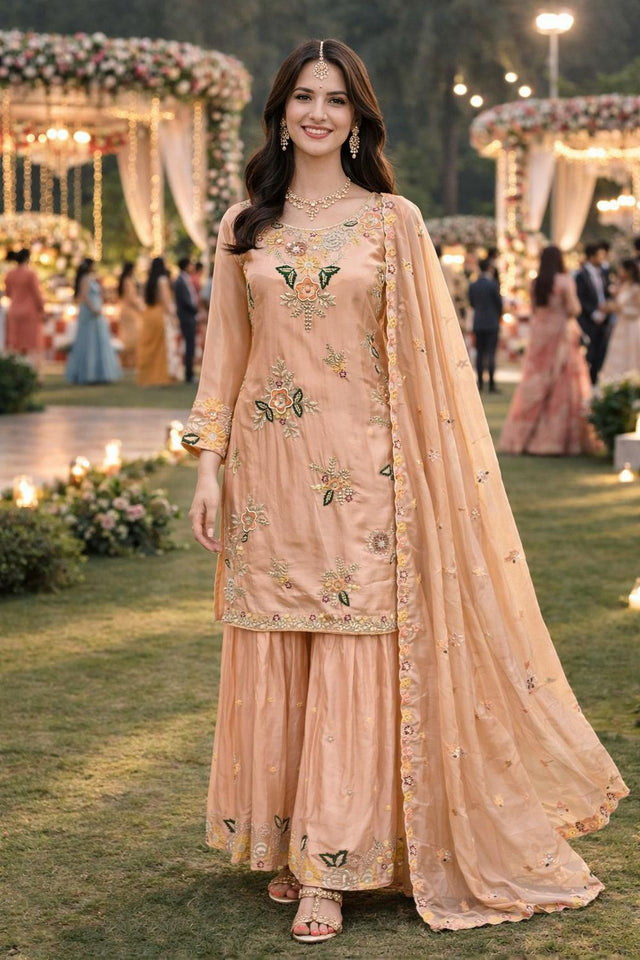 Peach Floral Embroidered Crepe Sharara Suits (ACA5815)