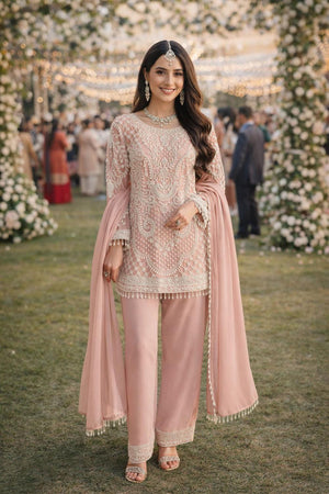 Pink Floral Embroidered Georgette Kurti Pant Set (ACA5816)