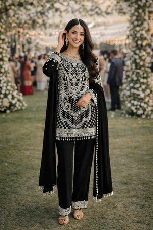 Black Floral Embroidered Georgette Kurti Pant Set (ACA5817)