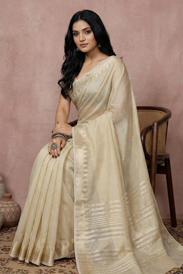 Cream Woven Cotton Saree (ACA5819)