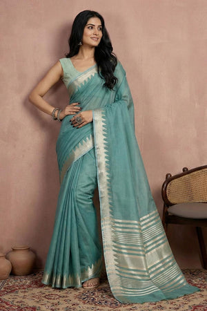 Turquoise Woven Cotton Saree (ACA5824)