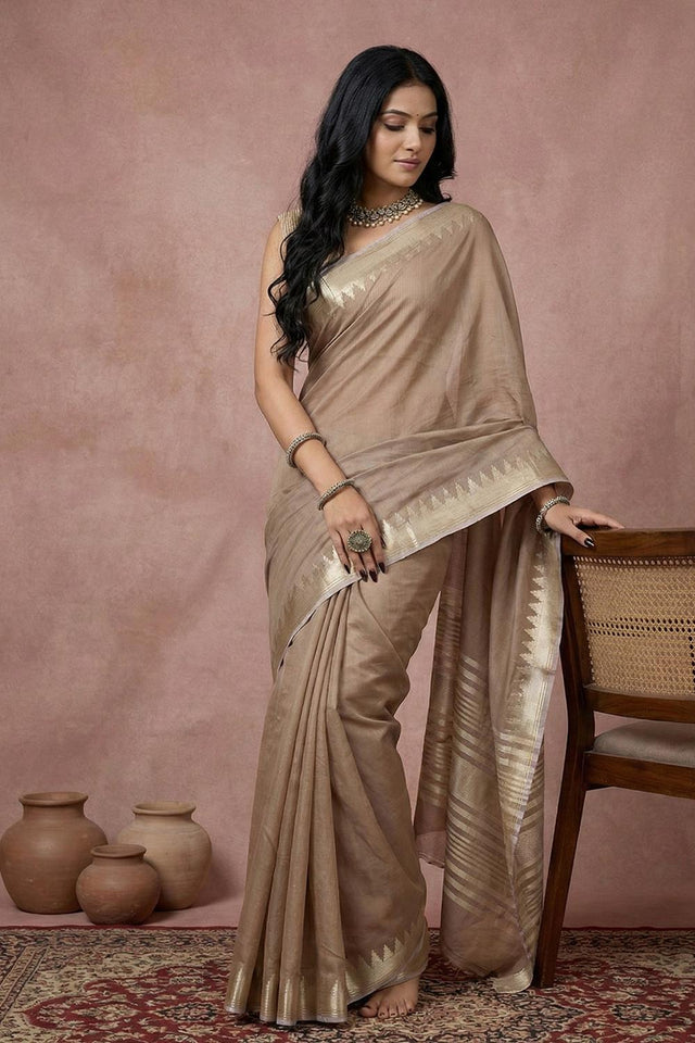 Beige Woven Cotton Saree (ACA5825)
