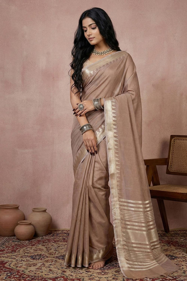 Beige Woven Cotton Saree (ACA5825)