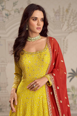 Yellow Sequin with Embroidered Georgette Gown (ACA5834)
