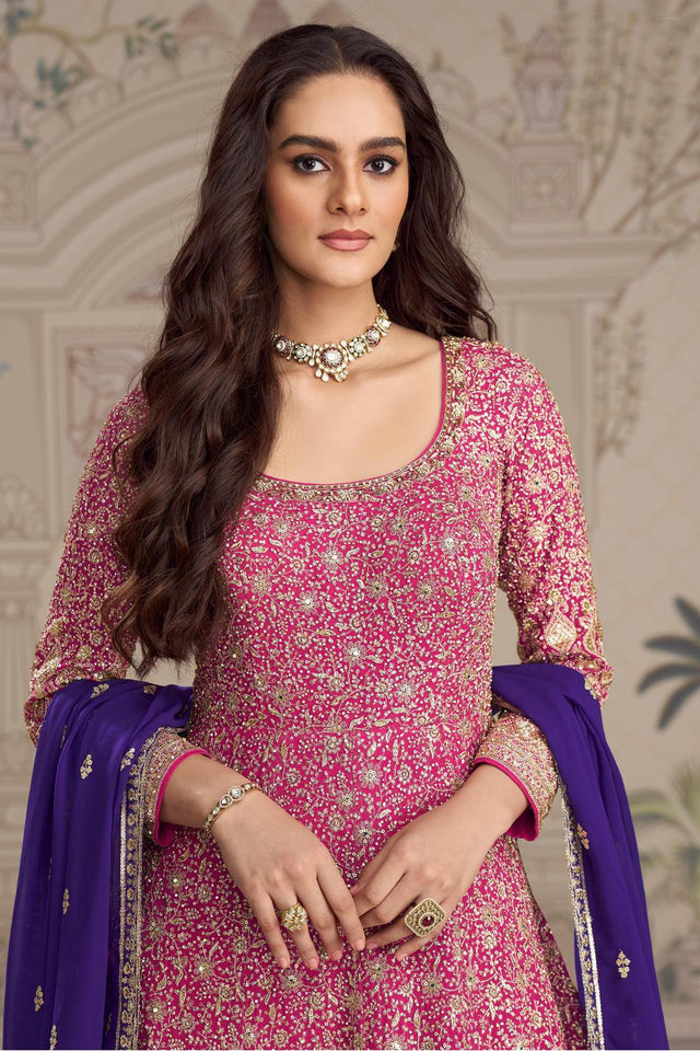 Free Size Stitched Pink Sequin with Embroidered Georgette Gown (ACA5835)