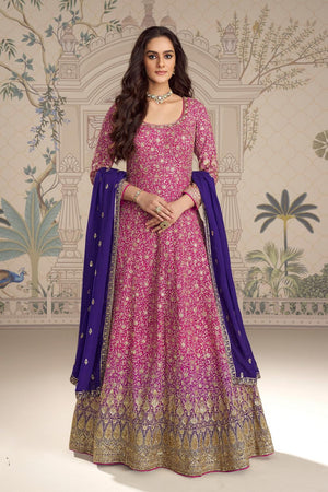 Free Size Stitched Pink Sequin with Embroidered Georgette Gown (ACA5835)