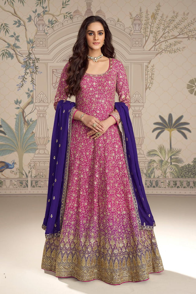Free Size Stitched Pink Sequin with Embroidered Georgette Gown (ACA5835)