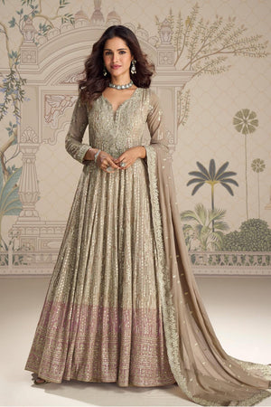 Free Size Stitched Beige Sequin with Embroidered Georgette Gown (ACA5836)