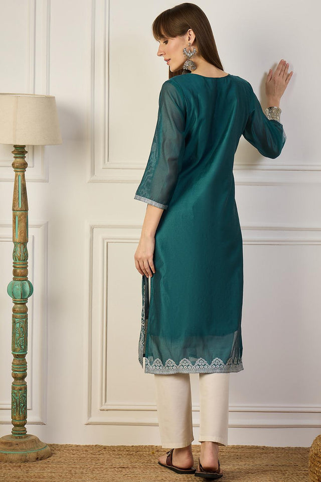 Turquoise Floral Embroidered Cotton Silk Long Kurtis (ACA5837)
