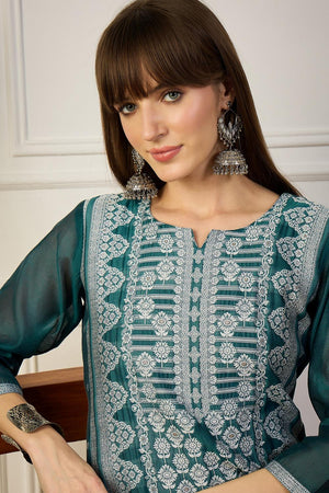 Turquoise Floral Embroidered Cotton Silk Long Kurtis (ACA5837)